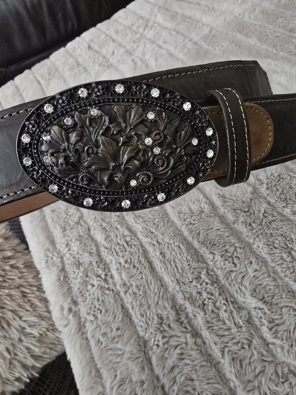 Women's Two-Tone Brown Leather Belt with Studded Buckle Azul Tequila Sz.36
